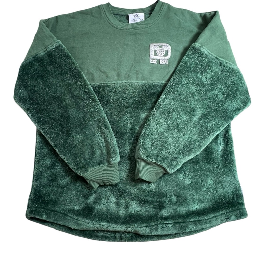 Walt Disney World Womens Medium Green Velvet Fleece Mickey‎ Icon Spirit Jersey